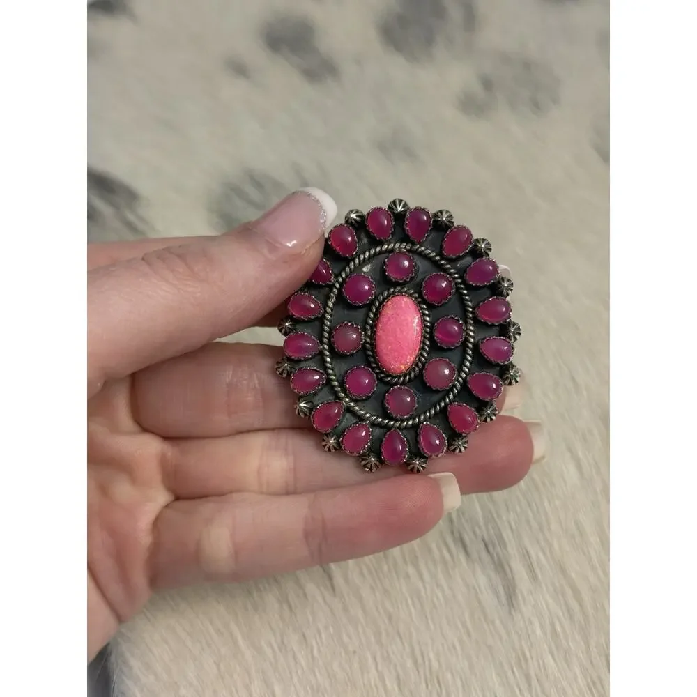 HUGE Sterling Silver Pink Onyx & Pink Fire Opal Flower Cluster Ring 925 Adjust